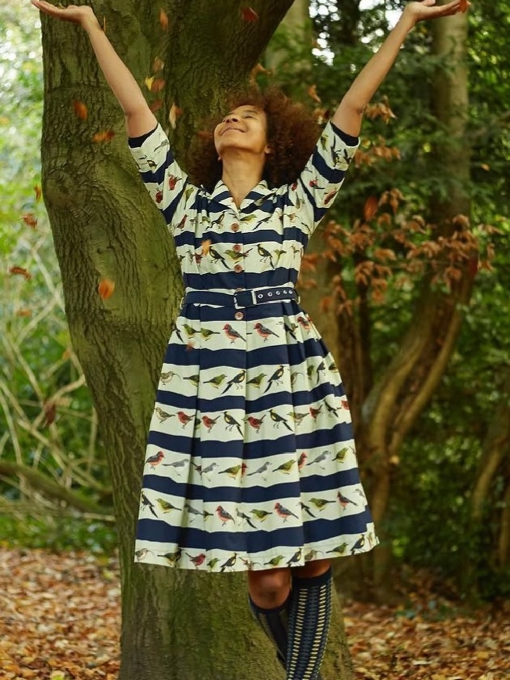 Palava Dress Bird Stripe Midi Dress, Blue & White Size 16UK